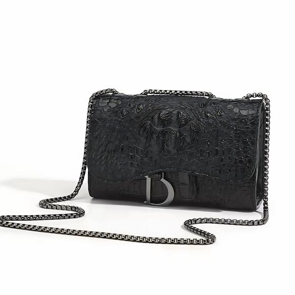 None Handbags - Black Shiny Faux Croc Purse Letter D Crossbody/Shoulder Bag